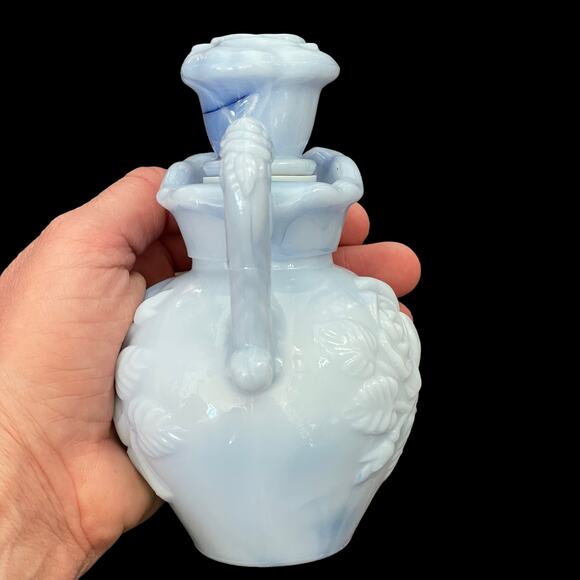 Vintage Avon Blue Milk Glass Pitcher w/ Stopper 1978 Victorian Rose Floral - Picture 9 of 11